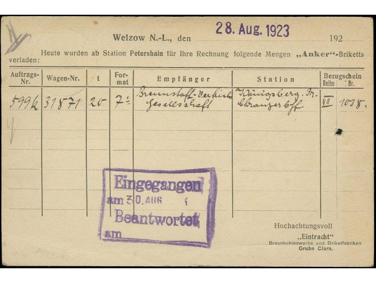 Welzow: 1923, Gebührenzettel "Gebühr bezahlt mit Rotstift umrandet" mit übergehender Paraphe auf Firmenvordruckkarte der Grub