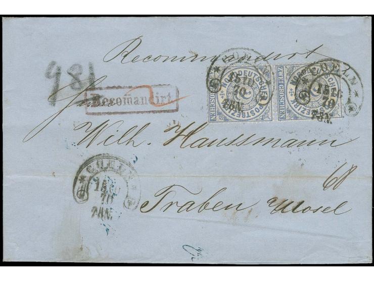 "COELN 15 10 70 7-8N.", der seltene Reserve-Stempel jeweils sauber auf 2 Stück NDP 2 Gr. gezähnt und zusätzlich nebengesetzt 