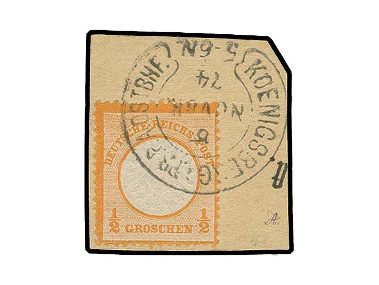 "KOENIGSBERG i. PR.P.A. OSTBHF. 8 NOVBR. 74" sehr sauber auf Großer Schild ½ Gr. orange auf Briefstück, Pracht, Fotobefund Kr