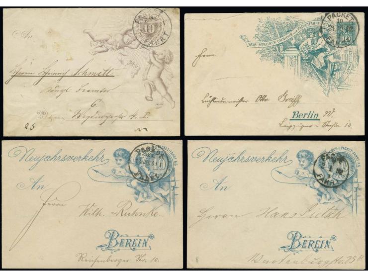 BERLIN: Paket-Fahrt: 1890/1892, 4 verschiedene Glückwunsch-Ganzschenumschläge 10 Pfg., gebraucht, kleine Öffnungsfehler bzw. 
