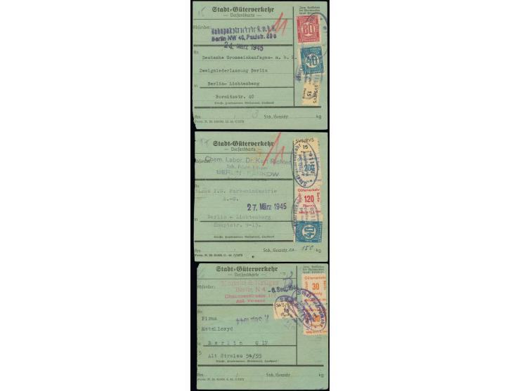 Stadt-Güter-Verkehr: 1944/1945, drei verschieden frankierte Paketkarten mit Mi.-Nr. 1 (Mehrfachfrankatur), 4 (Mischfrankatur)