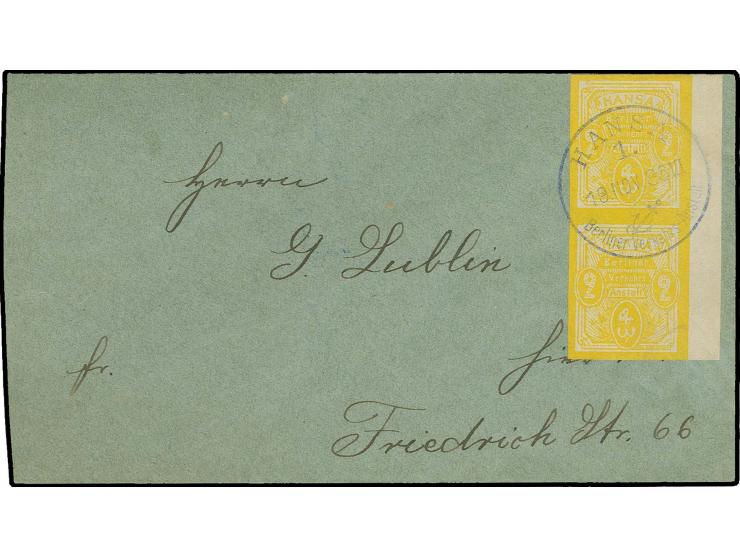 Hansa: 1886, 2 Pfg. gelb ungezähnt im senkrechten Paar mit rechtem Rand auf Brief mit Aufgabe-Stempel "HANSA 1 19.NOV.86" und