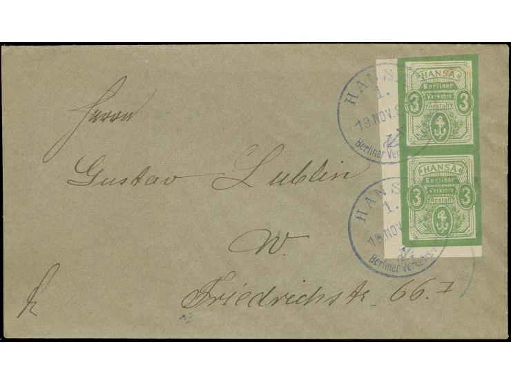 Hansa: 1886, 3 Pfg. hellgrün ungezähnt im senkrechten Paar mit linkem Rand auf Brief mit Aufgabe-Stempel "HANSA 1 19.NOV.86" 
