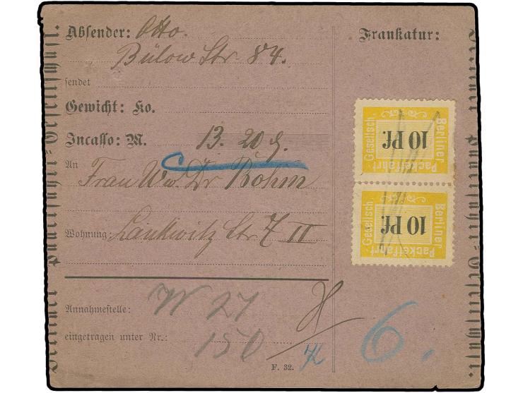 Berliner Packetfahrt Gesellschaft: 1884, 10 Pfg. gelb im senkrechten Paar mit Federzugentwertung auf Paketbegleitschein, Zahn