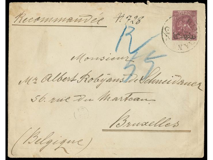 1889, typographed issue 1 ch. rose in block of 4 and 5 ch. (perforation clipped at left) tied to reverse of postal stationery