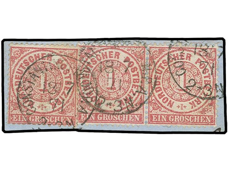 NDP 1 Gr. lebhaftkarmin im waagerechten Paar und Einzelwert mit EKr. "CONSTANTINOPEL N.P.A. 18.7.71" auf Briefstück, Kabinett