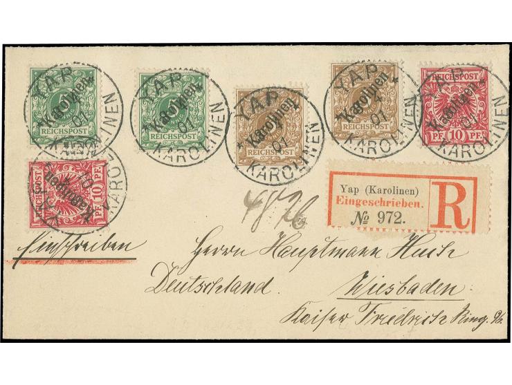 1899/1900, 3, 5 und 10 Pfg., je 2 Exemplare mit zentrisch klar aufgesetztem "YAP 3/4 01" auf philatelistischem R-Brief nach W