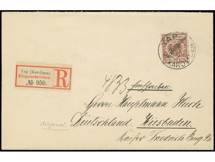 50 Pfg. mit zentrisch sauberem "YAP 3/4 01" auf R-Brief nach Wiesbaden mit Ankunftsstempel, Pracht, Fotoattest Jäschke-L. BPP