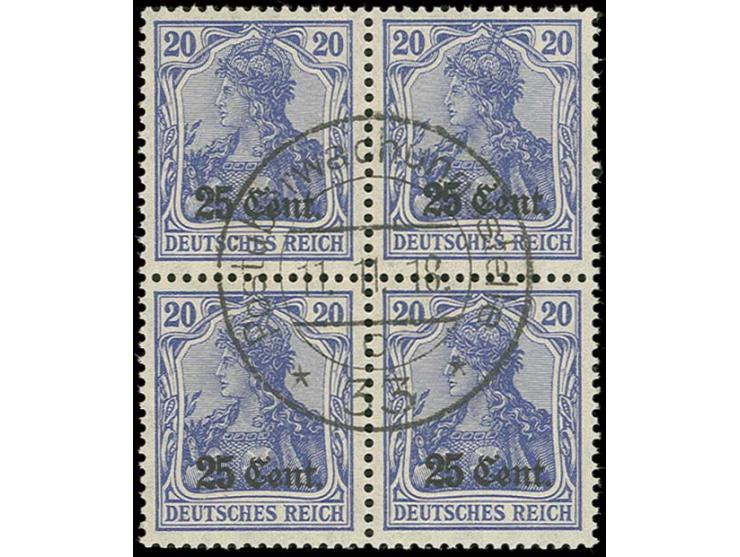 1916, 25 C. auf 20 Pfg. violettlblau im gestempelten Viererblock, Kabinett, Fotobefund Hey BPP