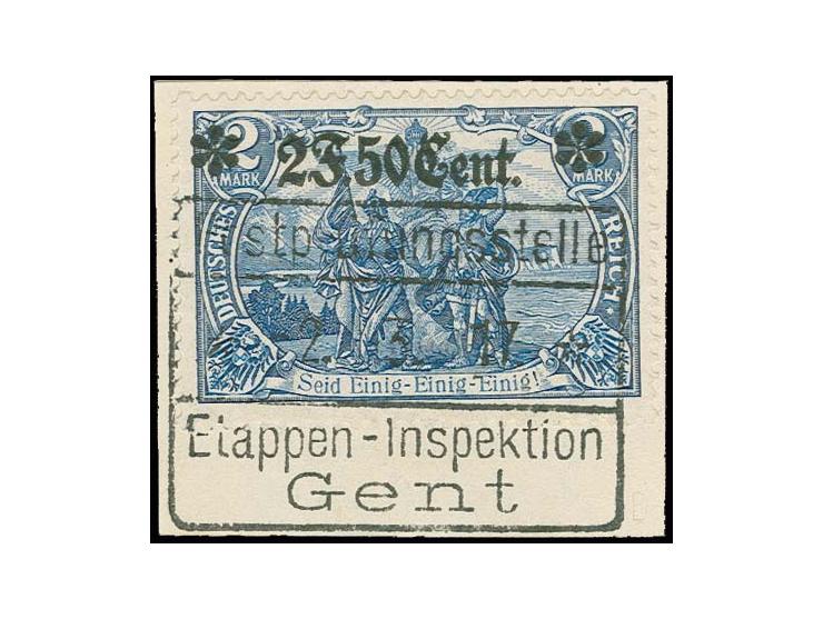 1916, 2 F.50 C. auf 2 M. schwärzlichblau, 25:17 Zähnungslöcher, auf Briefstück, Kabinett, sehr seltene Marke, Fotoattest Wase