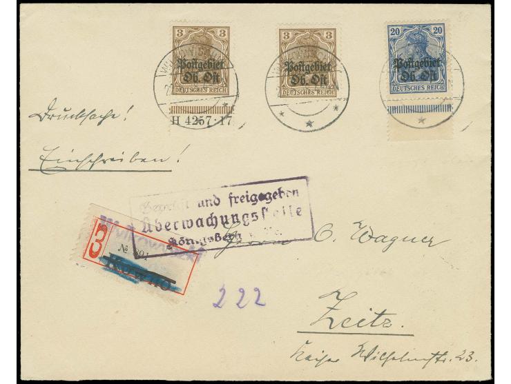 3 Pfg. Unterrandstück mit HAN "H 4257 17" mit Zufrankatur mit Stempel "WILLKOWISCHKI 22.6.18" auf R-Brief mit mehrfach geände