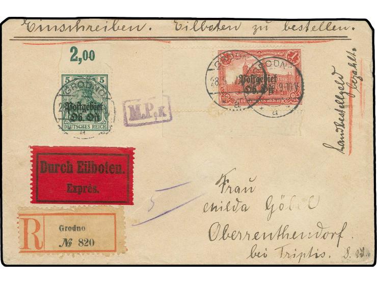 1 M. aus der linken unteren Bogenecke und 5 Pfg. mit Oberrand mit Stempel "GRODNO 28.9.17" auf Express-R-Brief nach Oberrenth