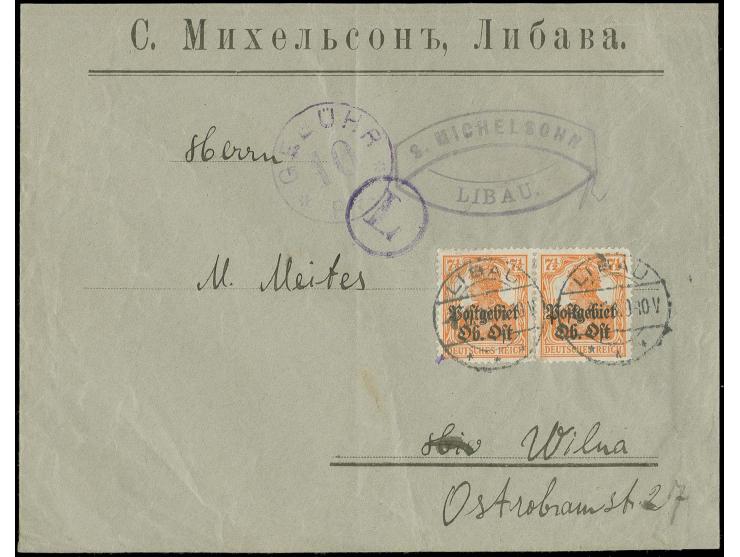 7½ Pfg. im waagerechten Paar mit Stempel "LIBAU" auf Brief nach Wilna mit Zensurstempel und Gebührenstempel Stadtpost Wilna "