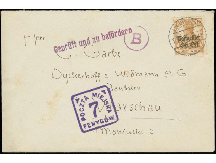 15 Pfg. braunocker mit Stempel "LIBAU" auf Brief nach Warschau mit Zensurstempel und Gebührenstempel Stadtpost Warschau "Pocz