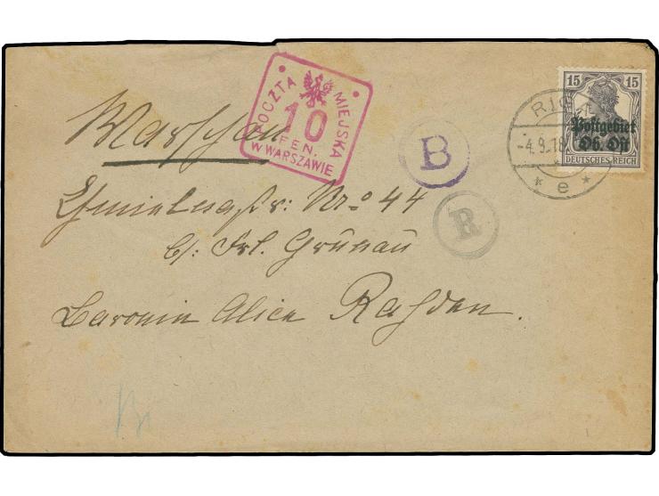 15 Pfg. schwärzlichviolett mit Stempel "RIGA -4.9.18" auf Brief nach Warschau mit Zensurstempel und Gebührenstempel Stadtpost
