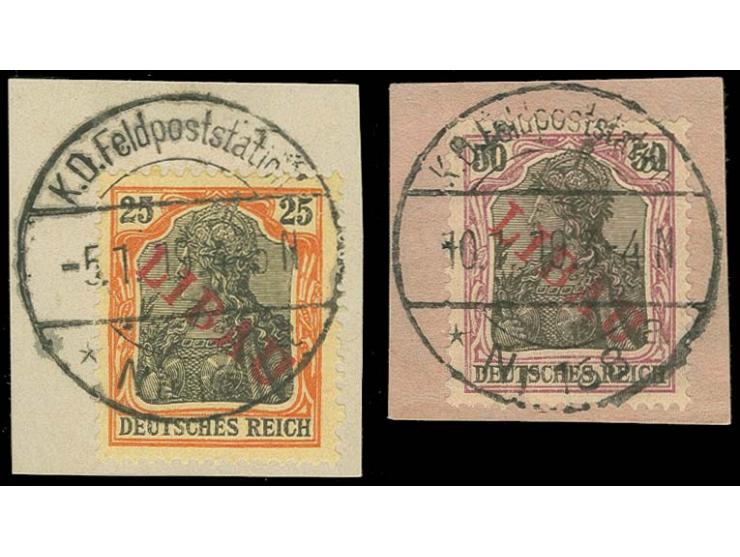 Type II: 25 Pfg. und 50 Pfg. mit rotem Aufdruck, jeweils zentrisch gestempelt auf Briefstück, beide sign. Grobe und Kosack