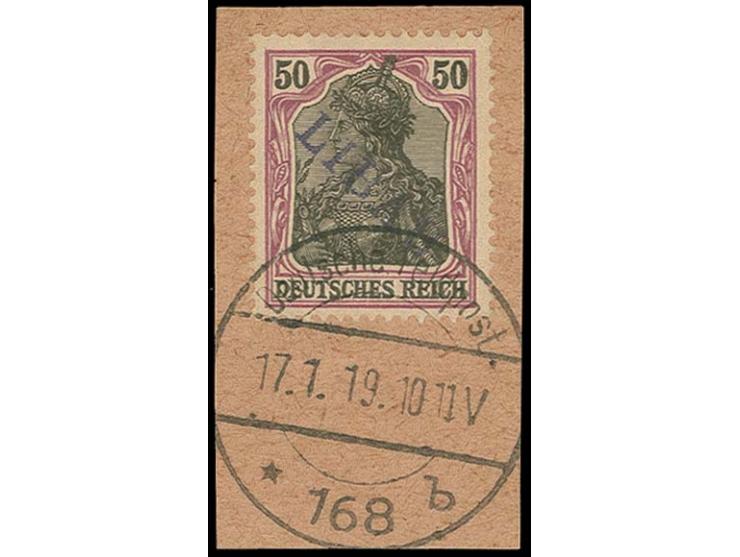 50 Pfg., Aufdruck violettblau, sauber gestempelt auf Briefstück, Pracht, signiert A. Schlegel BPP (Mi 650,-)