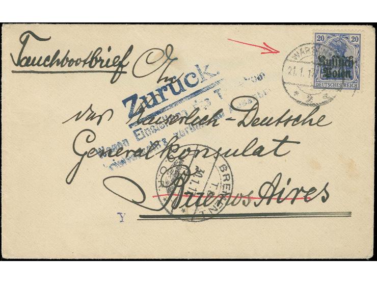 1915, 20 Pfg. lilaultramarin mit Stempel "WARSCHAU 21.1.17" auf Tauchbootbrief via Bremen mit Stempel "BREMEN D.O.R. 30.1.17"