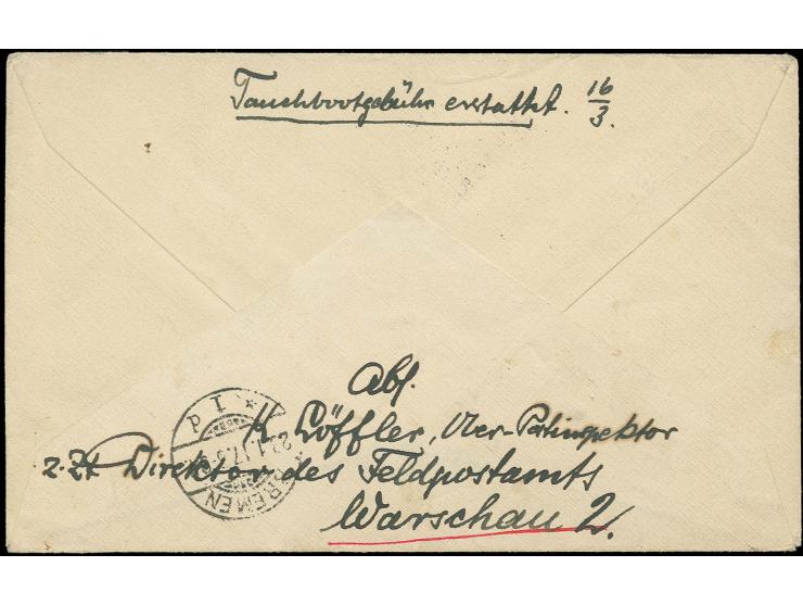 1915, 20 Pfg. lilaultramarin mit Stempel "WARSCHAU 21.1.17" auf Tauchbootbrief via Bremen mit Stempel "BREMEN D.O.R. 30.1.17"