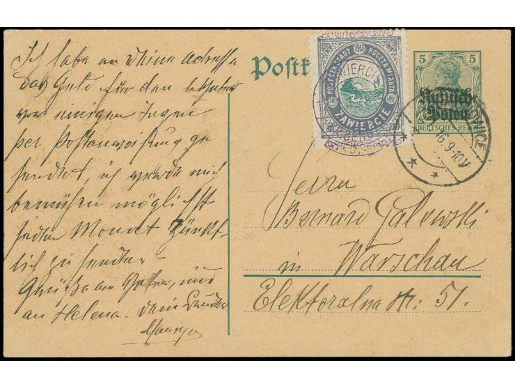 1916, Stadtpostmarke 10 F/PF., Kontrolleindruck dunkelrotlila, mit violettem Stempel "ZAWIERCIE 12.1.16" auf Aufdruck-Ganzsac