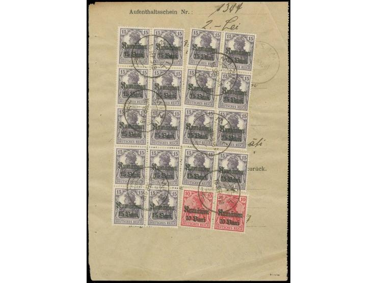 1918, 15 B. auf 15 Pfg. schwärzlichgrauviolett im waagerechten Paar (2), Viererblock und 10er-Block sowie 10 B. auf 10 Pfg. k