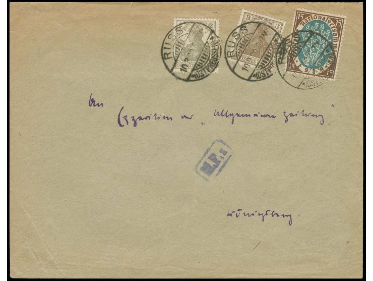 1920, Nationalversammlung 15 Pfg. und Germania 3 und 2 Pfg. mit Stempel "RUSS 10.3.20" auf Brief mit Zensur-Ra1, Beförderungs