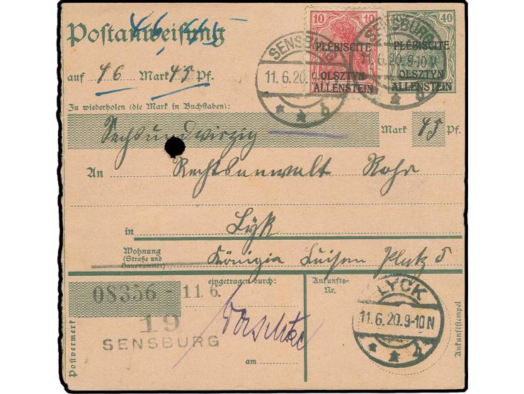 10 Pfg. auf Ganzsachen-Postanweisung 40 Pfg. von "SENSBURG 11.6.20" nach Lyck mit Ankunftsstempel, rückseitig mit weiterem Ta