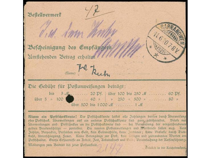 10 Pfg. auf Ganzsachen-Postanweisung 40 Pfg. von "SENSBURG 11.6.20" nach Lyck mit Ankunftsstempel, rückseitig mit weiterem Ta