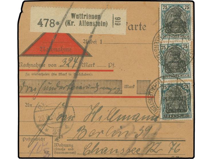 75 Pfg. mit dreizeiligem Aufdruck in Mischfrankatur mit 75 Pfg. mit Hochoval-Aufdruck (2) und D.Reich Germania 75 Pfg. (9 Stü