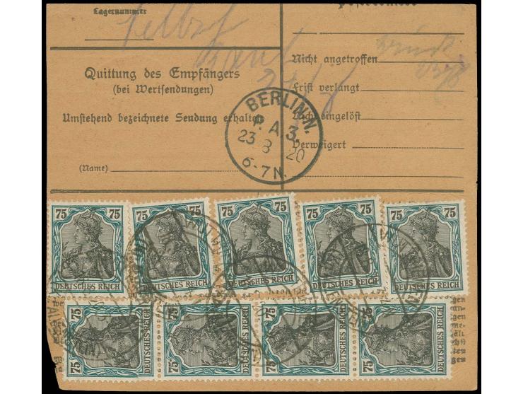 75 Pfg. mit dreizeiligem Aufdruck in Mischfrankatur mit 75 Pfg. mit Hochoval-Aufdruck (2) und D.Reich Germania 75 Pfg. (9 Stü