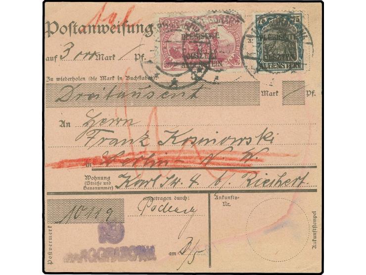 2,50 M. und 75 Pfg. als portogerechte Frankatur auf Postanweisung von "MARGGRABOWA 3.5.20" nach Berlin, wurde nicht ausgeführ