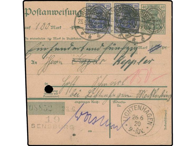 20 Pfg., 3 Einzelstücke vorder- und rückseitig auf Ganzsachen-Postanweisung 40 Pfg. von "SENSBURG 23.6.20" nach Lichtenhagen,