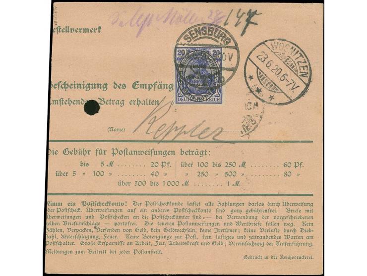 20 Pfg., 3 Einzelstücke vorder- und rückseitig auf Ganzsachen-Postanweisung 40 Pfg. von "SENSBURG 23.6.20" nach Lichtenhagen,