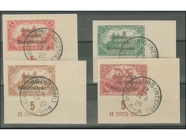 1920, 1-2,50 M. kpl. jeweils aus der rechten unteren Bogenecke mit Ur-HAN auf 4 Briefstücken, Kabinett, sign. Klein BPP