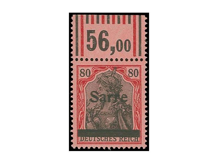 80 Pfg. mit Walzen-Oberrand, Feld 7 mit kleinem Aufdruckfehler "kleine Einkerbung in S links oben" (Saarhandbuch "G5"), postf