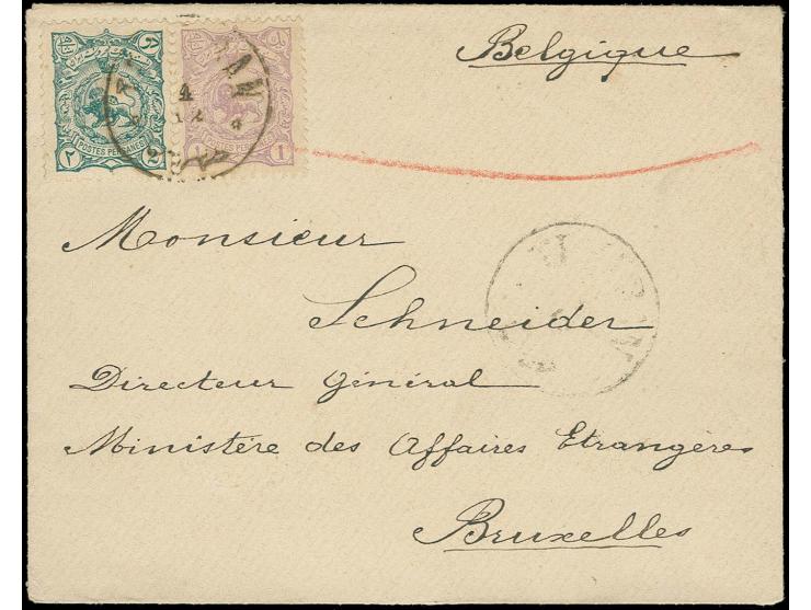 1 ch. and 2 ch., tied by Teheran cds. to printed matter envelope to Belgium; a fine and rare usage to abroad