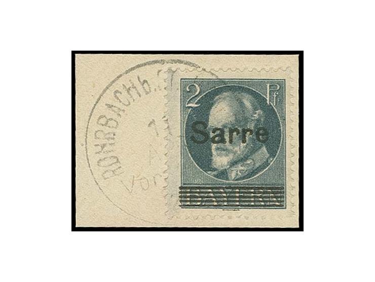 Unverausgabte: 1920, 2 Pfg. dunkelblaugrau mit Stempel "ROHRBACH b. ST. INGBERT 11 APR. 20" auf kleinem Briefstück, tadellos,