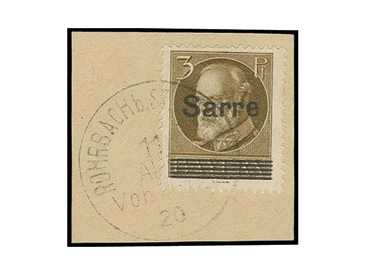 3 Pfg. braun mit Stempel "ROHRBACH b. ST. INGBERT 11 APR. 20" auf kleinem Briefstück, tadellos, u.a. sign. Burger BPP und Fot
