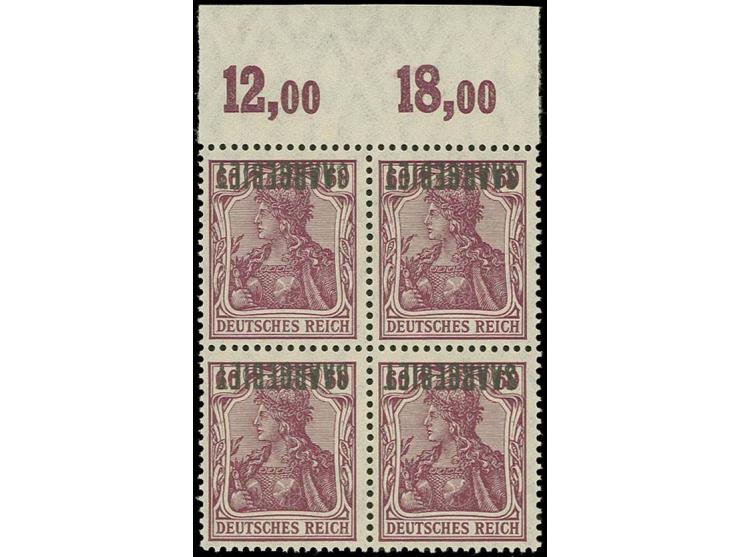 1920, Aufdruck "SAARGEBIET" 60 Pfg. mit kopfstehendem Aufdruck im 4er-Block vom oberen Bogenrand, postfrisch, sign. Burger BP