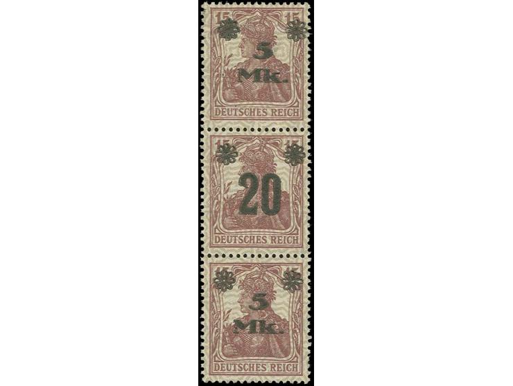 1920, Germania 15 Pfg. braunkarmin im senkrechten 3er-Streifen als Aufdruck-Essay "5 Mk./20/5 Mk..", postfrisch, Kabinett, se