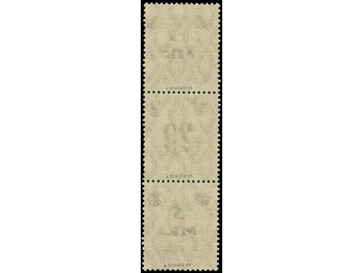 1920, Germania 15 Pfg. braunkarmin im senkrechten 3er-Streifen als Aufdruck-Essay "5 Mk./20/5 Mk..", postfrisch, Kabinett, se