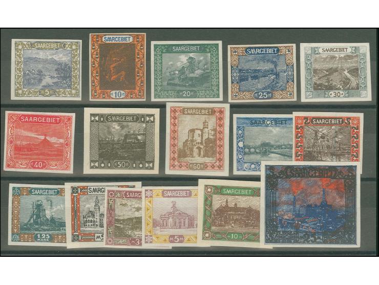 1921, Freimarken-Ausgabe 5 Pfg.-25 M. (30 Pfg. nur in einer Farbe) als ungezähnte Probedrucke in teils leicht abgeänderten Fa