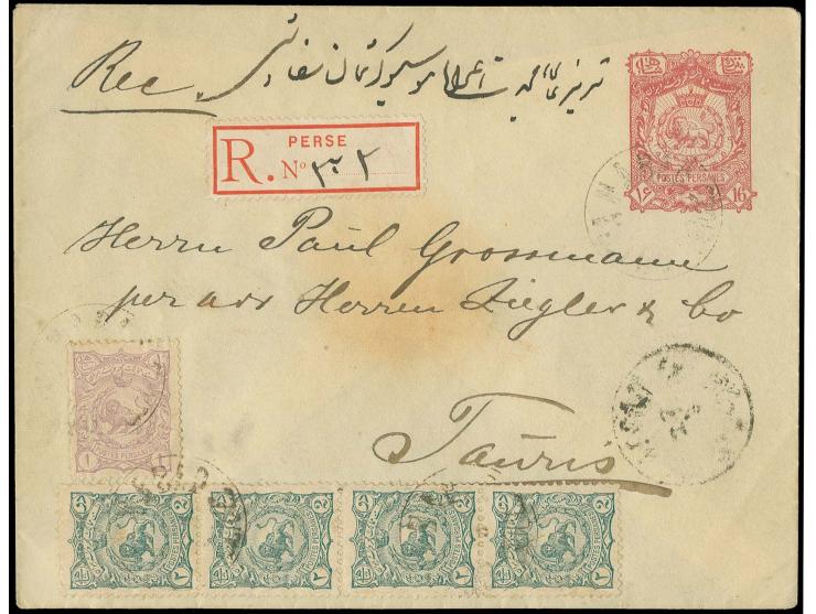 1 ch. and 2 ch. (4) tied to postal stationery  envelope 16 ch. as registered cover from Sultanabad to Tauris, fine