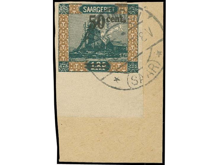 1921, Landschaftbilder 50 C., ungezähntes Unterrandstück mit Stempel "PÜTTLINGEN 31.8.22" auf Briefstück, tadellos, sign. Hof