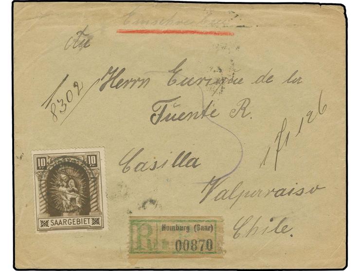 1925, Madonna 10 Fr. mit Plattenfehler "weißer Strich durch Innenfeld der 0 der Wertangabe" auf R-Brief ab Homburg nach Vapar