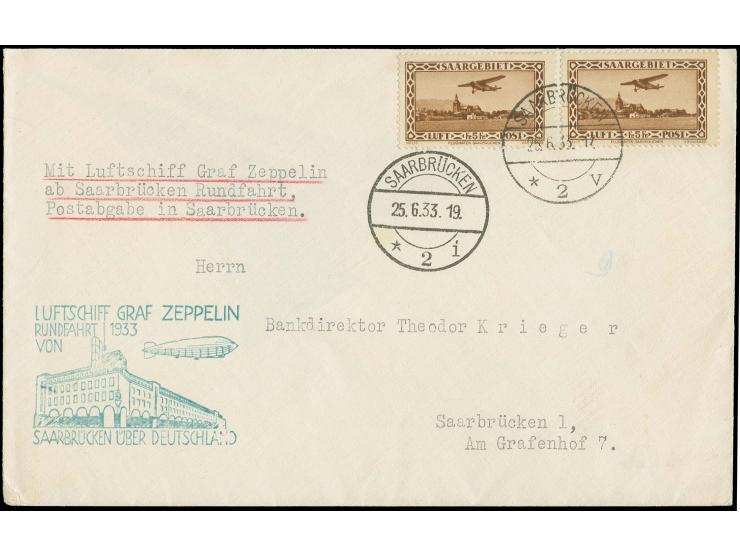 1932, Flugpost 5 Fr., 2 Einzelwerte mit Stempel "SAARBRÜCKEN 25.6.33" auf Zeppelinbrief zur Saargebietsfahrt (Rundfahrt), Pra