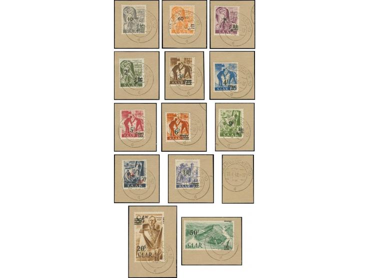 Urdruck 10 C.-50 Fr. kpl., je mit klarem Stempel "SAARBRÜCKEN 10 d 17 bzw. 18.4.48" auf kleinem Briefstück, 1 und 14 Fr. mini