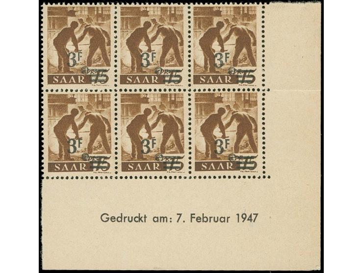 3 Fr. im 6er-Block aus der rechten unteren Bogenecke mit komplettem Druckdatum "Gedruckt am: 7. Februar 1947", postfrisch, zw