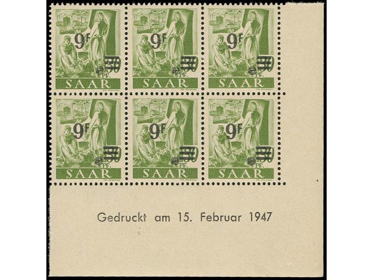 9 Fr. im 6er-Block aus der rechten unteren Bogenecke mit komplettem Druckdatum "Gedruckt am: 15. Februar 1947", postfrisch, e