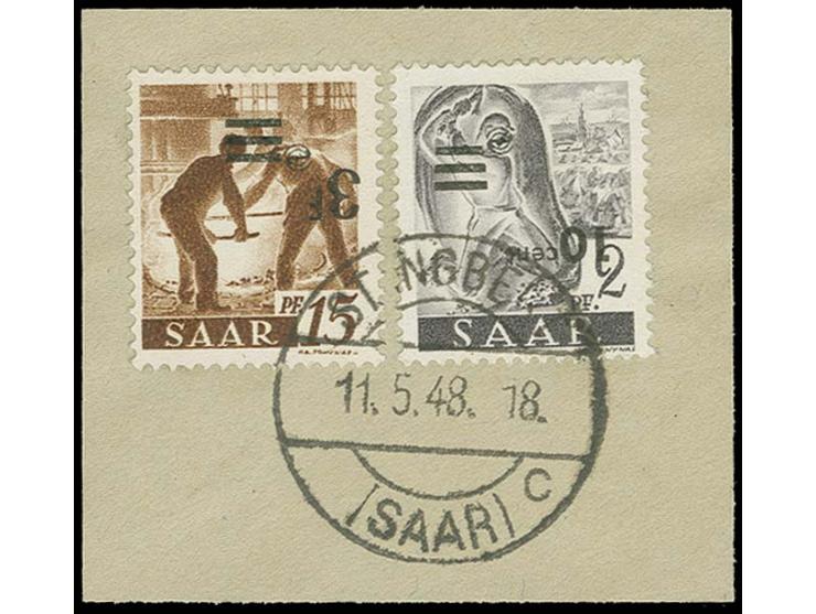Neuauflage: 10 C. und 3 Fr., je mit kopfstehendem Aufdruck mit klarem Stempel "ST. INGBERT 11.5.48" auf kleinem Briefstück, t